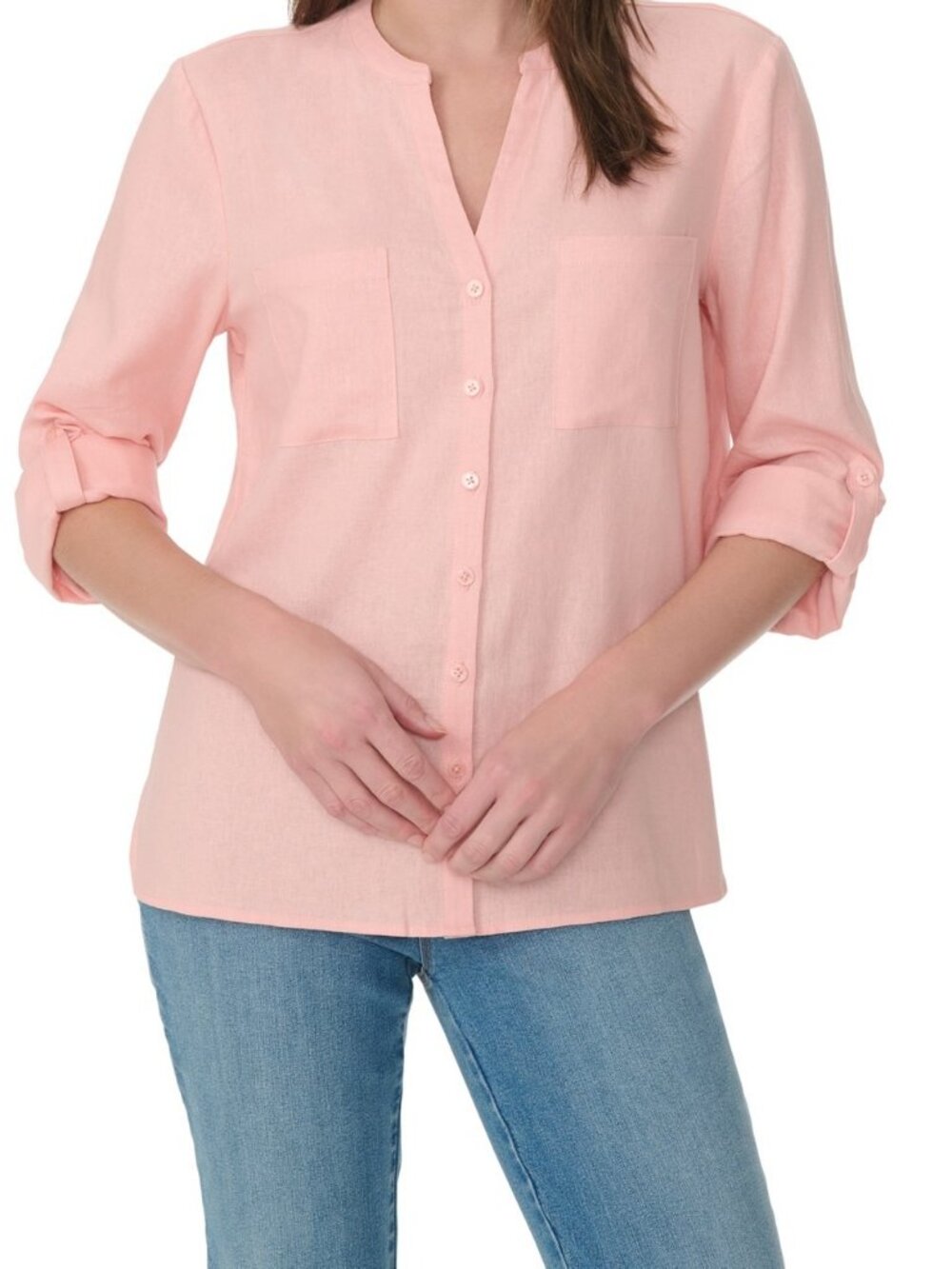 Gloria Vanderbilt Sabina Linen Band Collar Roll-Tab Top Coral XXL NWT MSRP $54